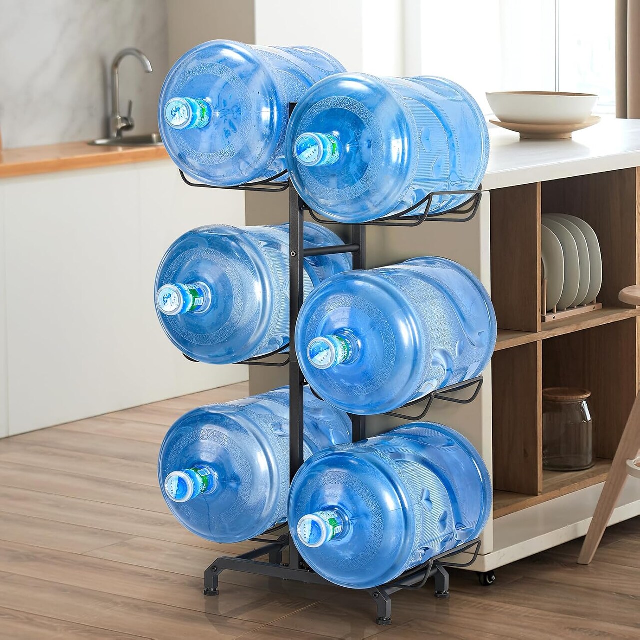 3-Tier Heavy-Duty 5-Gallon Water Jug Holder with Wheels - Foldable Storage Rack Organizer for Office, Home Kitchen, Garage, Black